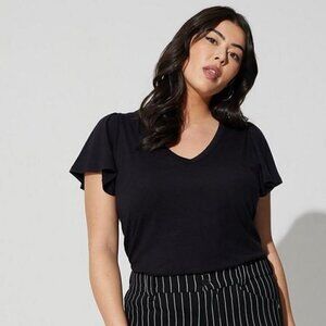 Torrid - Girlfriend Signature Jersey V-Neck Flutter Sleeve Tee in Deep Black‌‌‍‍